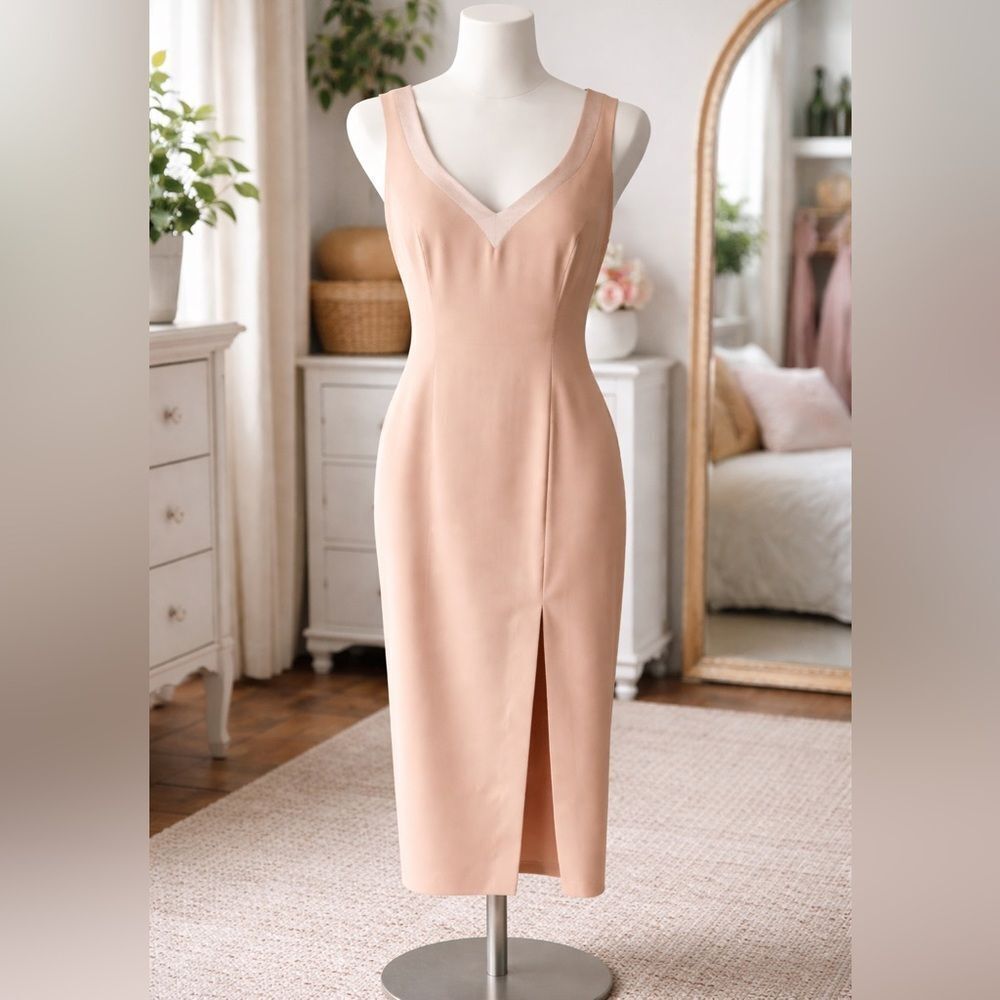 Donna Ricco Nude Satin Trim Midi Dress with Back Bow – Elegant Sz 6